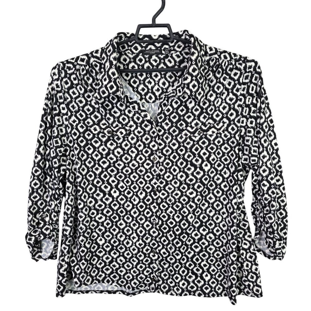 Womens Notations Black & White Print Blouse Button Up Polyester 3/4 Sleeve 2X